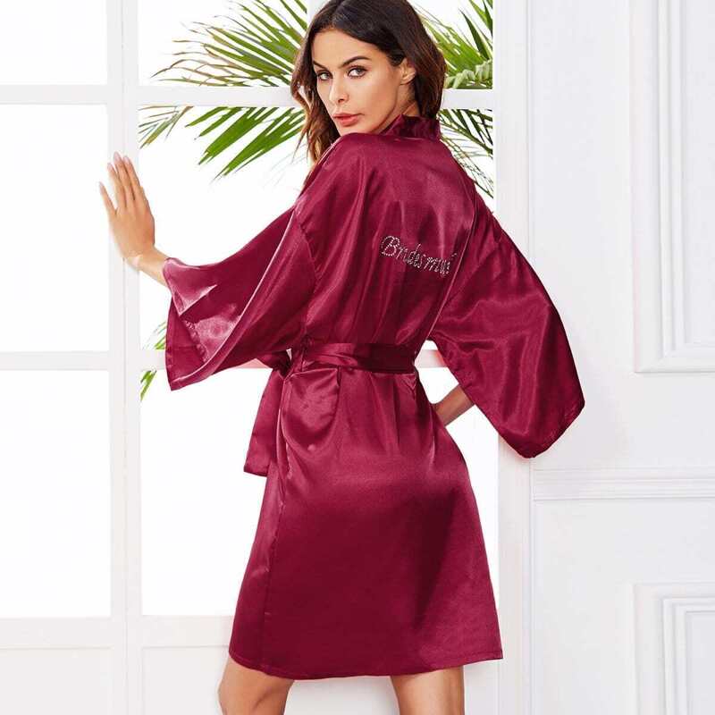 

Rhinestone Letter Graphic Self Tie Wrap Bride Robe, Red