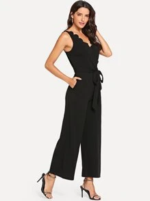 scallop edge open back striped palazzo jumpsuit