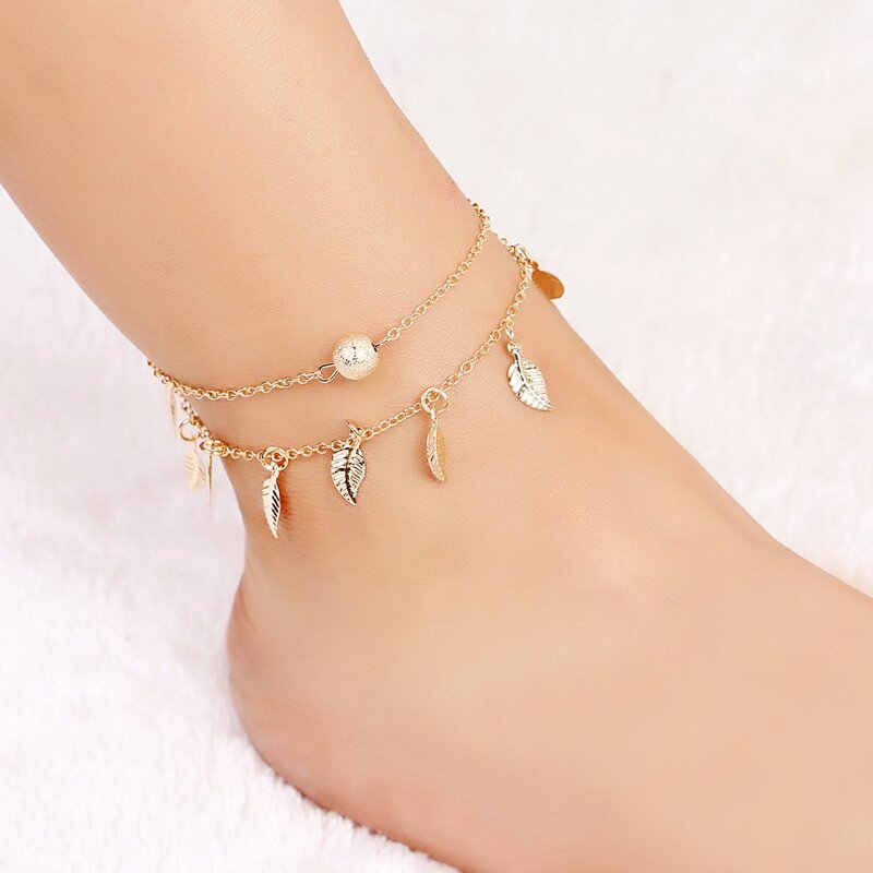 

Metal Ball & Leaf Layered Chain Anklet, Gold