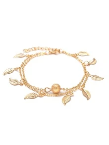 金屬球＆葉子分層鏈腳鍊 - 金黃色 - 查看 3