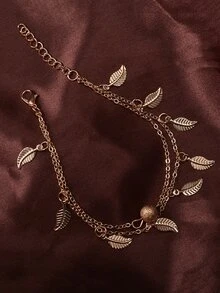 金屬球＆葉子分層鏈腳鍊 - 金黃色 - 查看 2