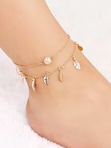 金屬球＆葉子分層鏈腳鍊 - 金黃色 - 查看 1