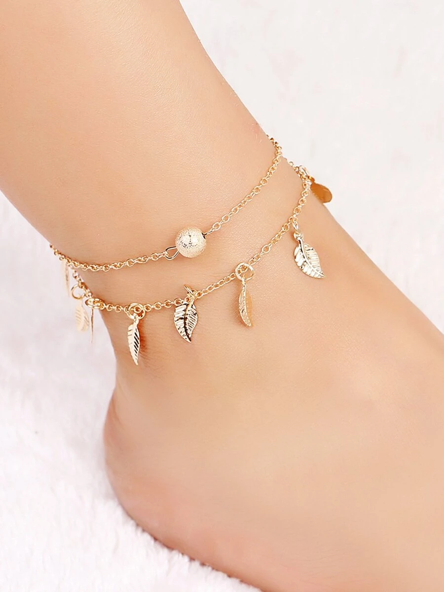 金屬球＆葉子分層鏈腳鍊 - 金黃色 - 查看 1