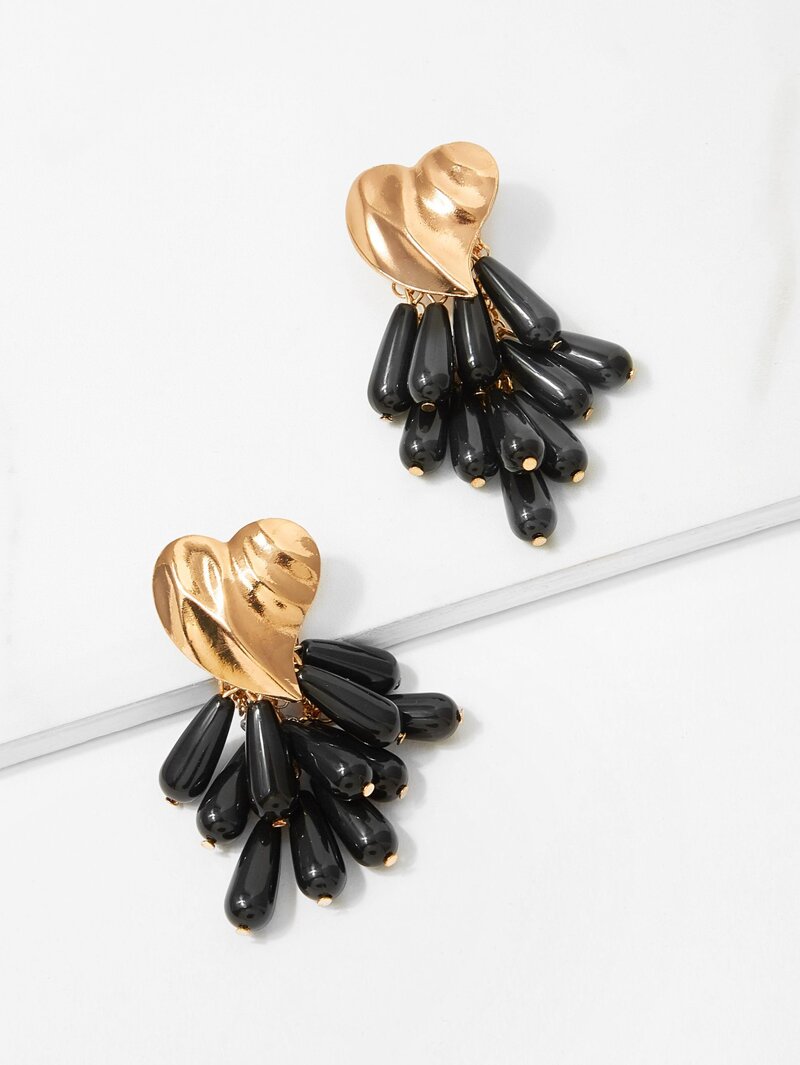 

Textured Heart Tassel Drop Earrings, Black