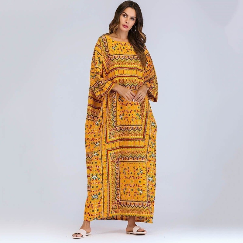 

Flower Print Batwing Sleeve Longline Dress, Bright mustard yellow