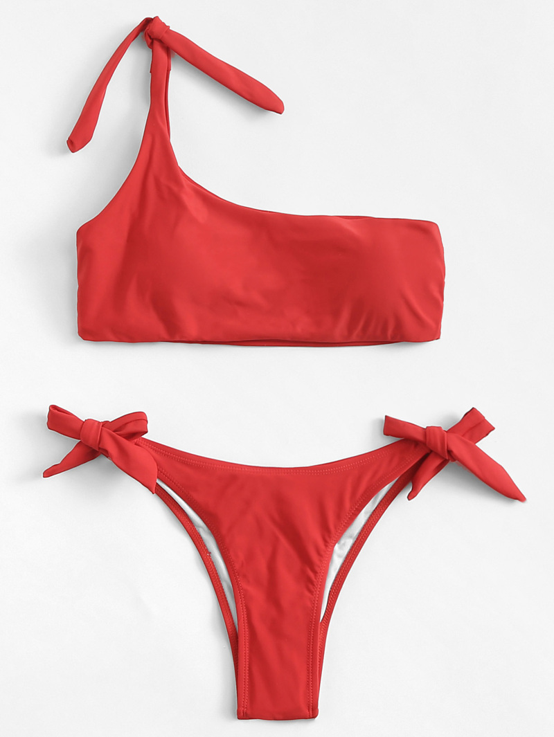 

One Shoulder Tie Side Bikini Set, Red