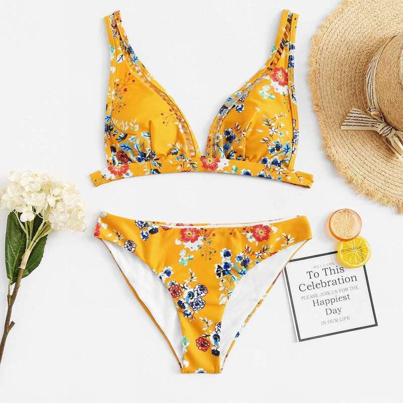 

Hollow Out Floral Bikini Set, Multicolor