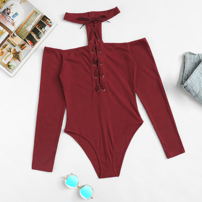 

Eyelet Lace Up Solid Halter Bodysuit, Burgundy