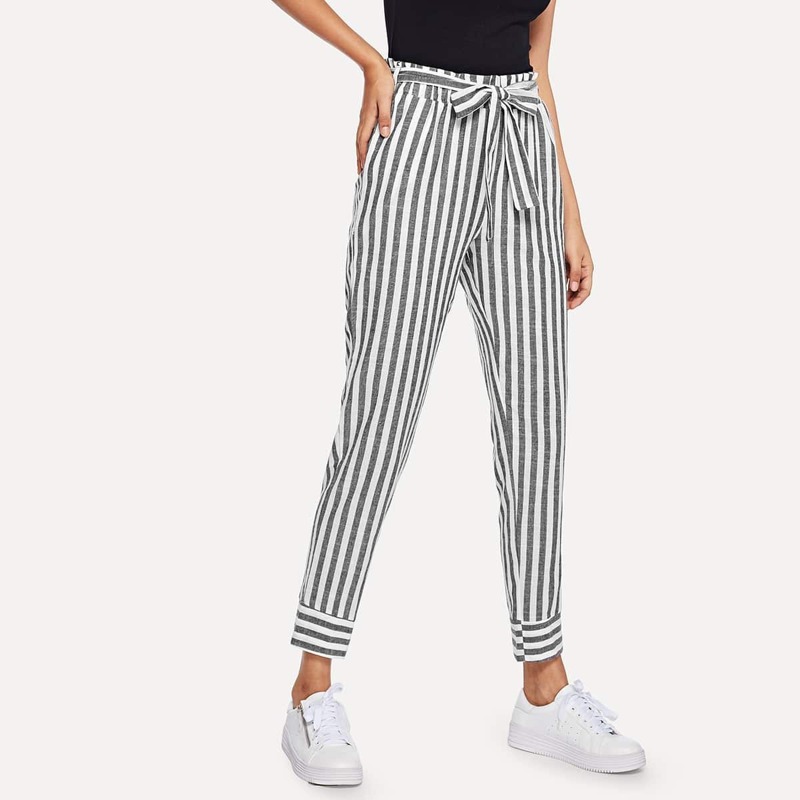 

Self Tie Waist Striped Pants, Grey