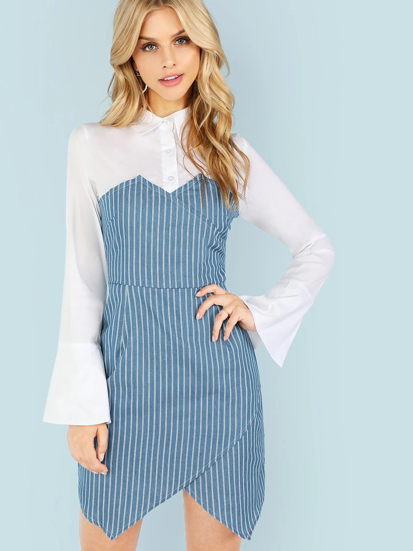 Stripe Denim Dress with White Collar ...