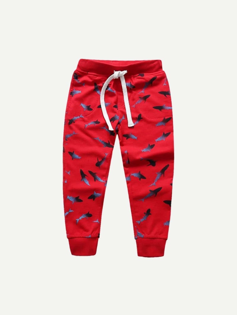 

Boys Fish Print Drawstring Pants, Red