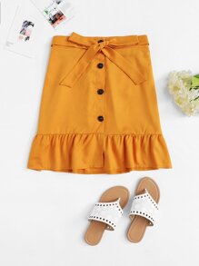 Ruffle Hem Single Breasted Knot Front Skirt