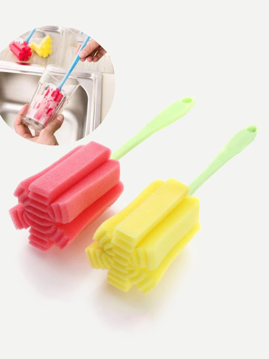 1pc Portable Synthetic Fiber Random Color Sponge Brush, Soft Touch Colorblock Long Handle No Blind Spot Glassware Cleaner For Household Kitchen - Multicolor - View 1