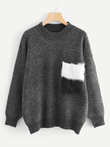 Drop Shoulder Faux Fur Patched Marled Sweater