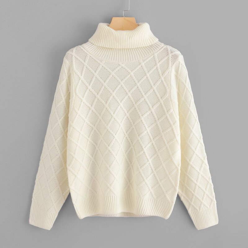 

Rolled Neck Diamond Pattern Sweater, White