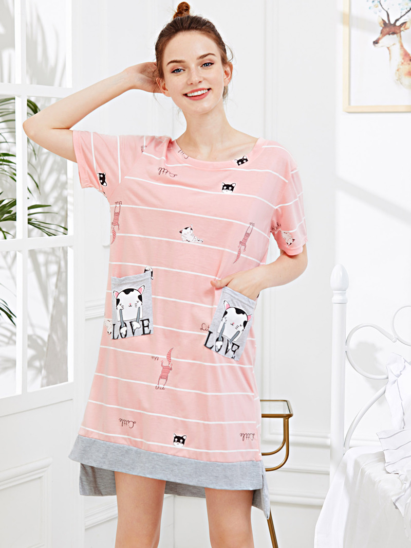

Cat Print Pocket Front Night Dress, Pink