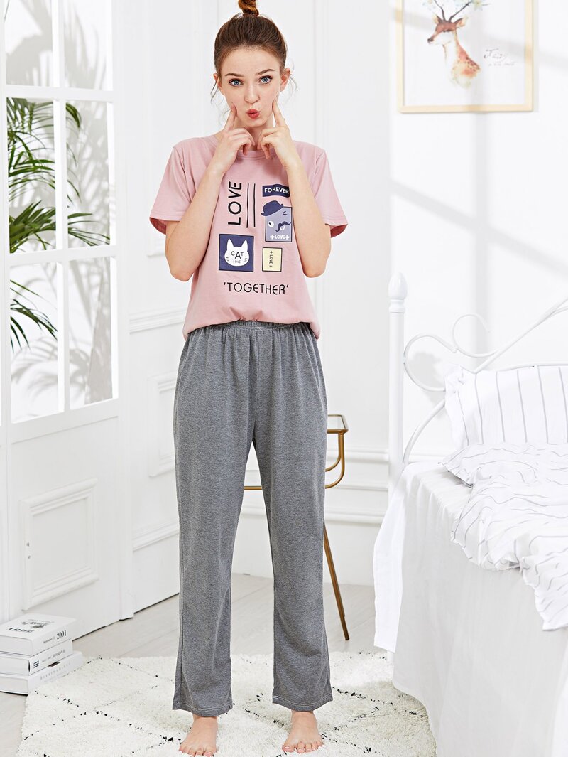 

Cartoon & Letter Print Pajama Set, Multicolor