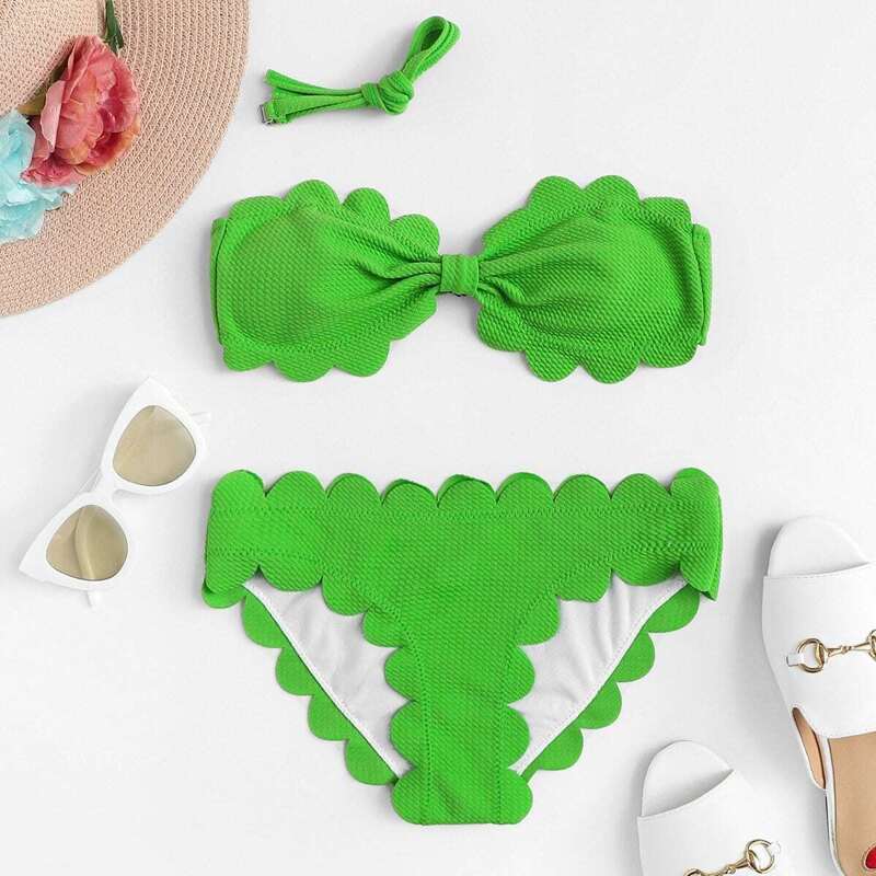 

Scalloped Trim Bikini Set, Green