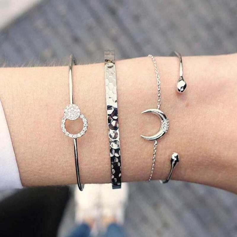 

Rhinestone Moon Bracelet Set 4pcs, Silver