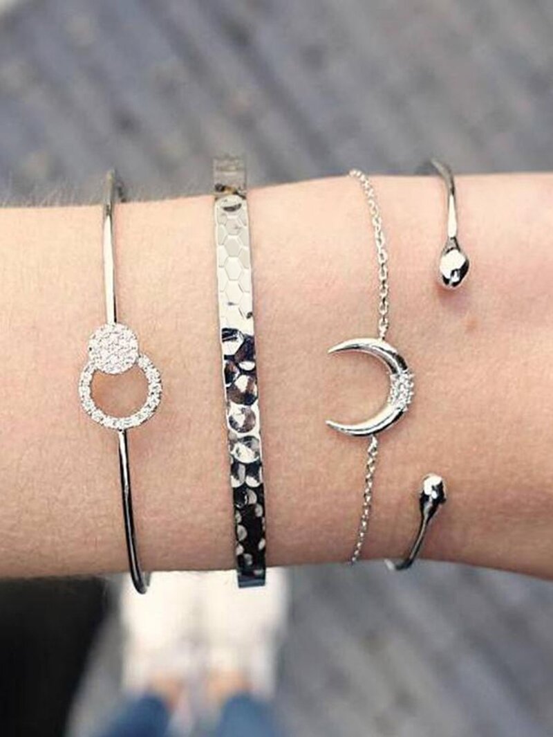 

Rhinestone Moon Bracelet Set 4pcs, Silver