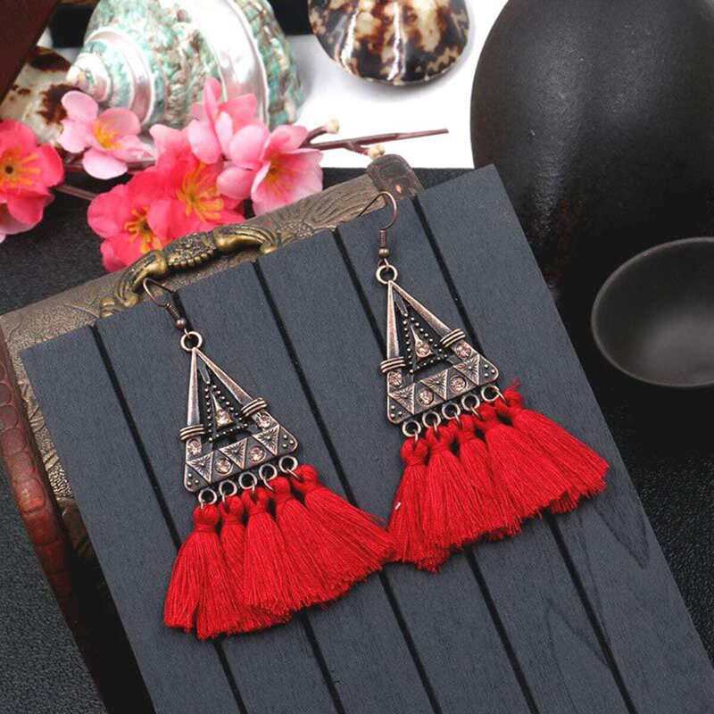 

Triangle Design Tassel Drop Earrings 1pair, Red