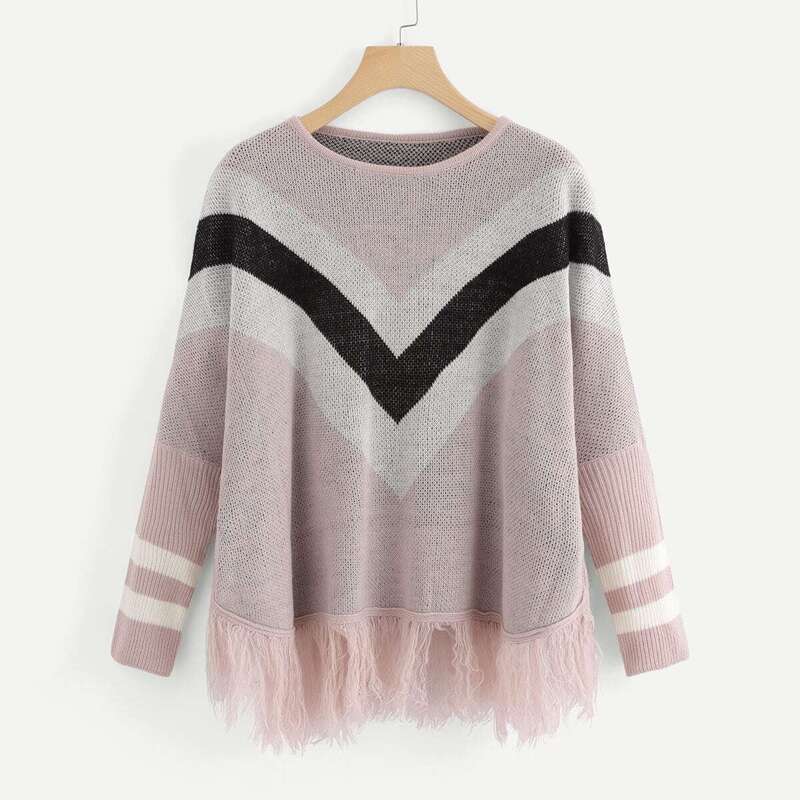 

Fringe Hem Chevron Sweater, Pink