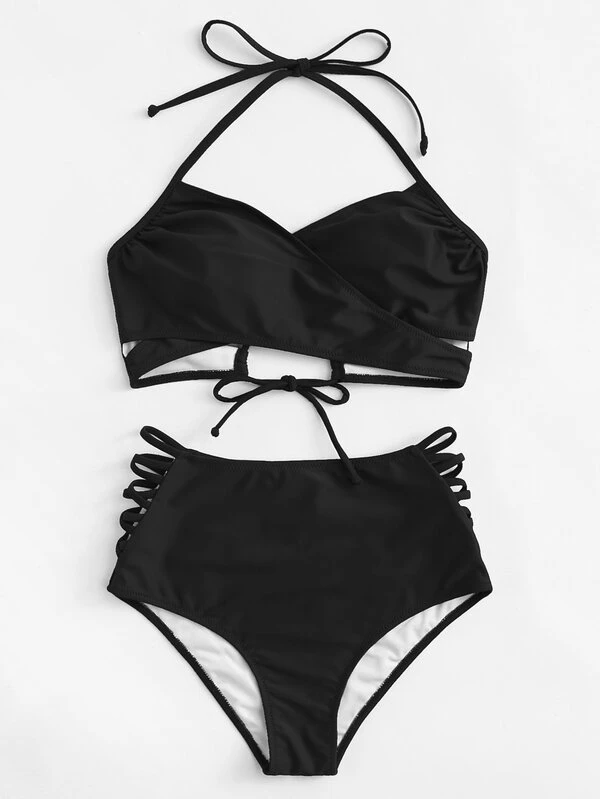 Lace Up Halter Top With Ladder Cut Out High Waisted Bikini Shein Usa