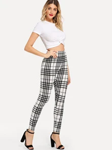 SHEIN Privé Plaid Skinny Leggings - Black and White - View 3