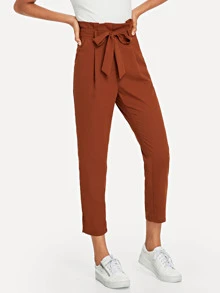 SHEIN Ruffle Detail Belted Pleated Trousers - Burnt Orange - View 3