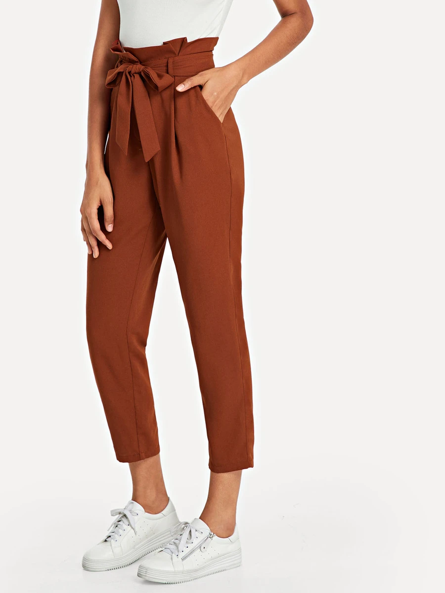 SHEIN Ruffle Detail Belted Pleated Trousers - Burnt Orange - View 1