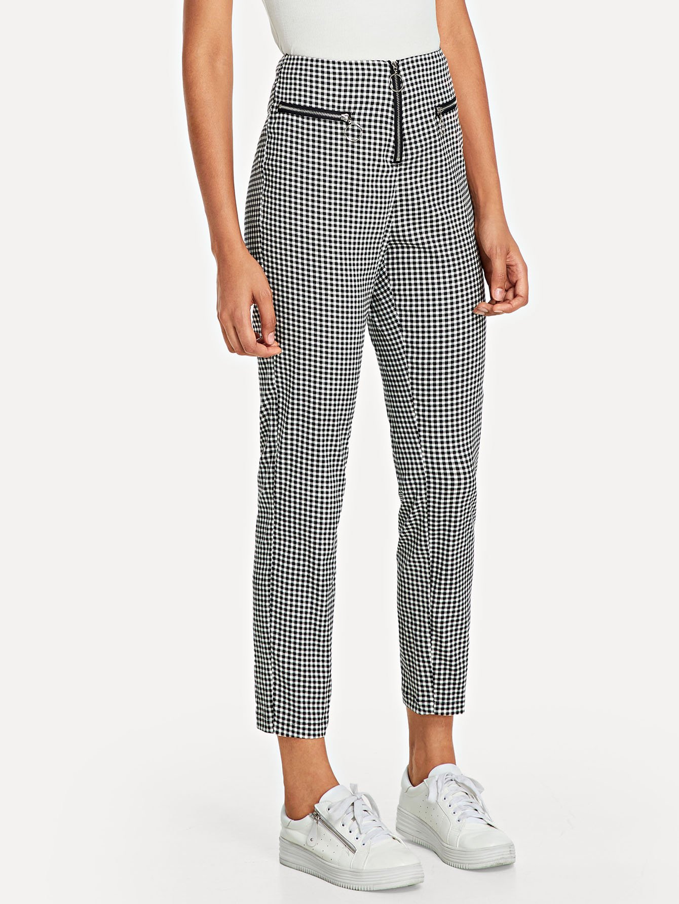plaid pants with zippers