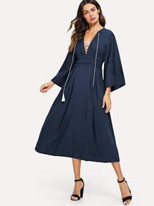 Plunging Kimono Sleeve Tassel Tie Dress