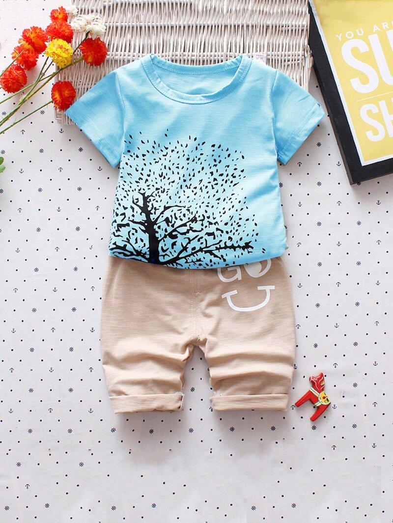 

Boys Tree Print Tee With Shorts, Blue