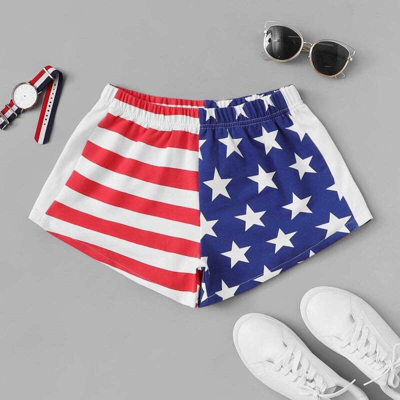 

Flag Print Elastic Waist Shorts, Multicolor