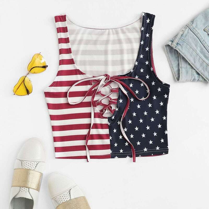

Lace Up Front Scoop Neck Top, Red
