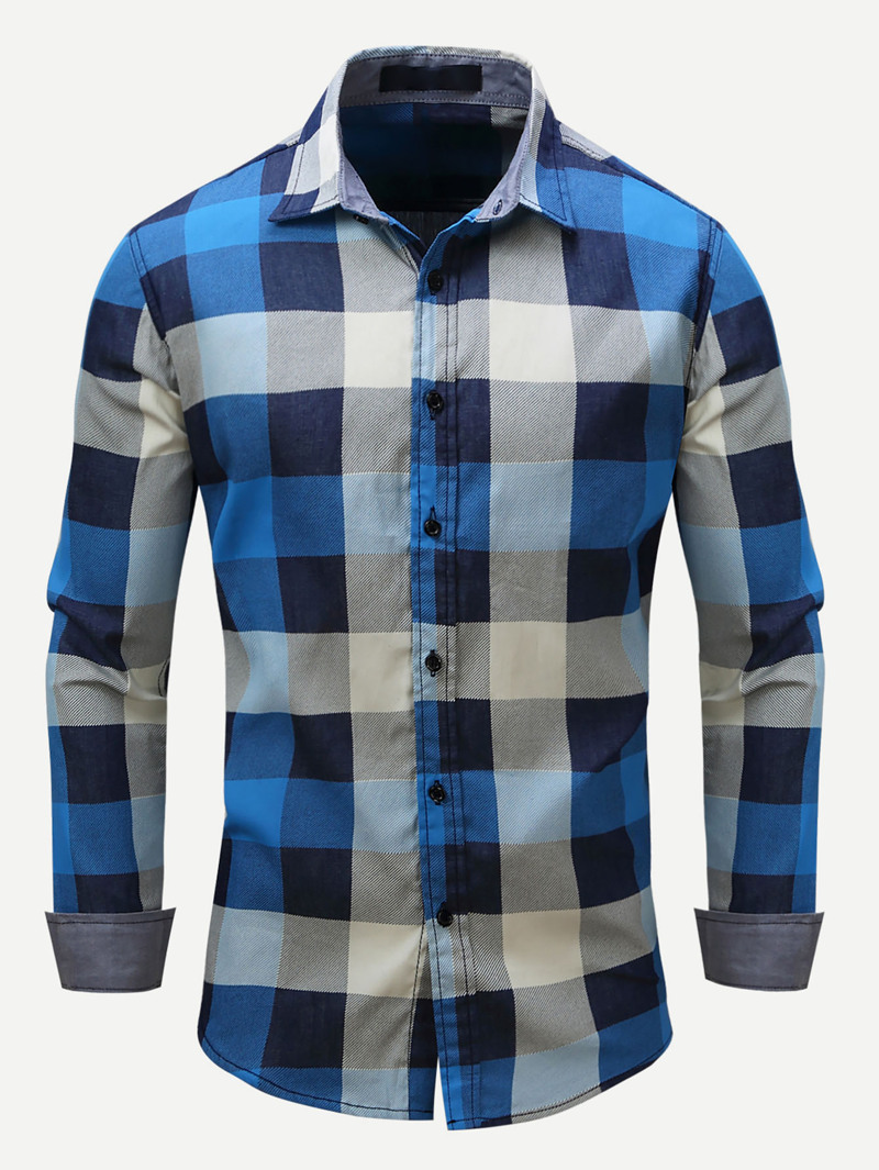 

Men Plaid Collar Denim Shirt, Multicolor