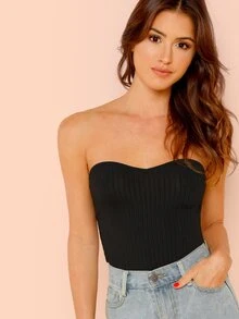 SHEIN BAE 雞心領羅紋針織抹胸上衣 - 黑色 - 查看 1