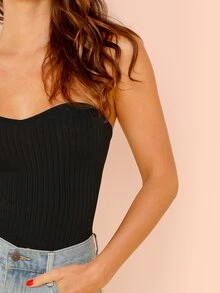 SHEIN BAE 雞心領羅紋針織抹胸上衣 - 黑色 - 查看 4