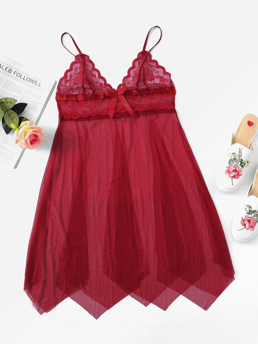 Asymmetrical Lace Slips Set - Red - View 1