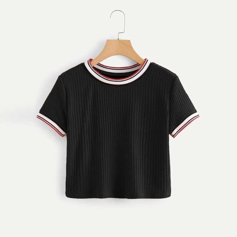 

Colorful Striped Cuff Tee, Black