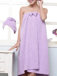 1pc Shower Wrap With 1pc Hair Drying Cap, Purple Microfiber Bathrobe For Bathroom - Purple - View 1