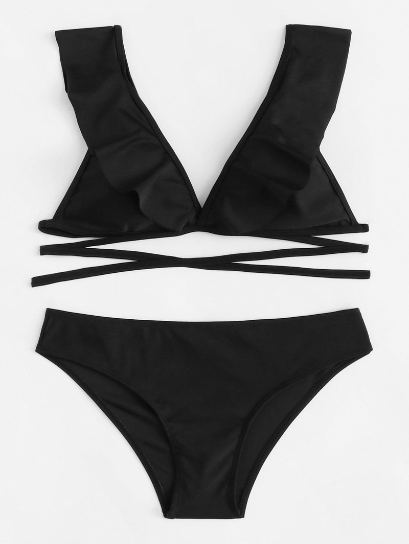 

Plain Ruffle Bikini Set, Black