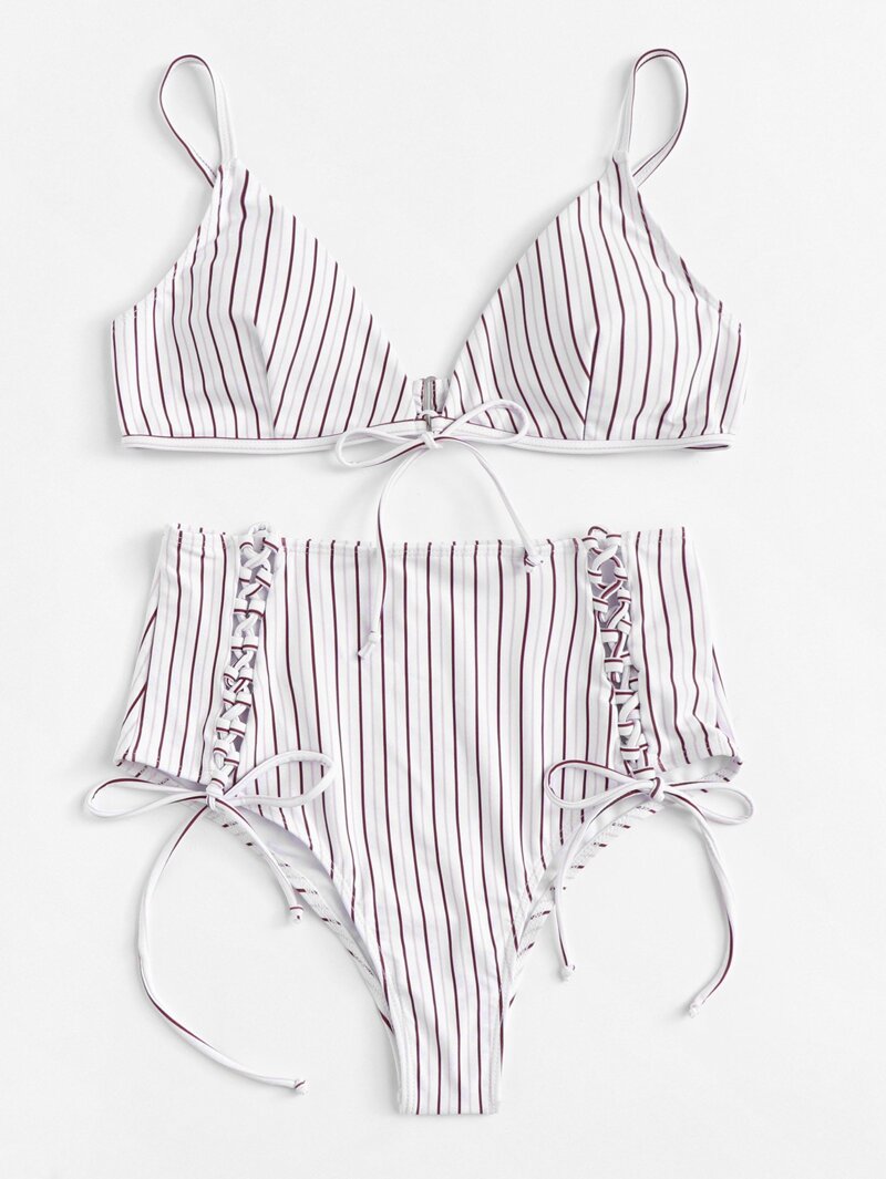 

Lace-Up Striped Bikini Set, Multicolor