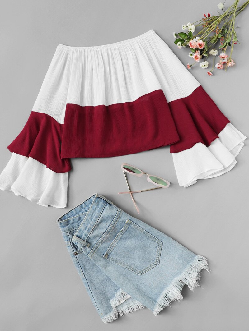 

Flounce Sleeve Color Block Blouse, White
