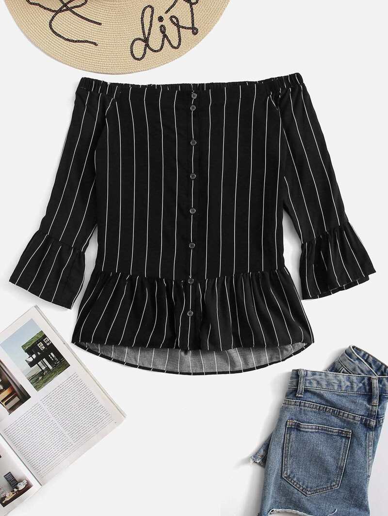 

Off Shoulder Striped Blouse, Black