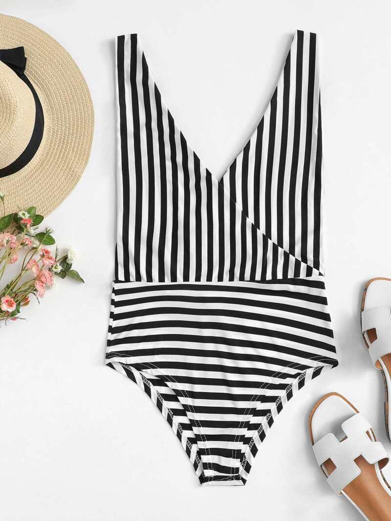 

Striped Cross Back Backless Bodysuit, Black and white