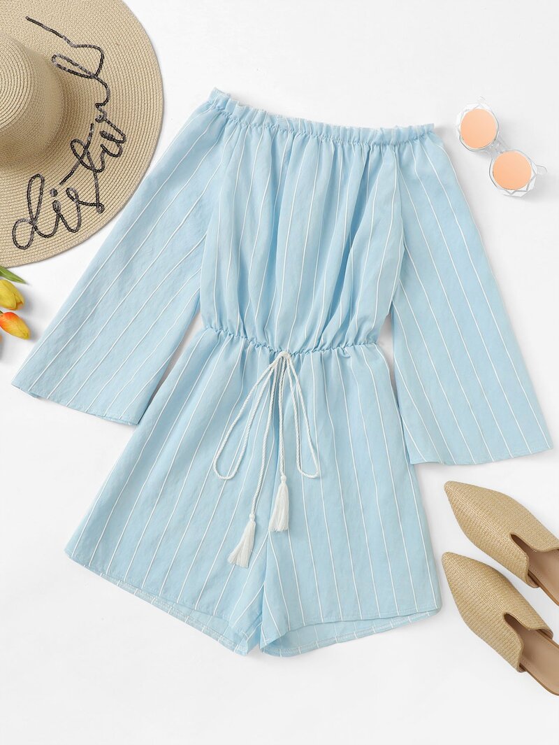 

Off Shoulder Tie Waist Striped Romper, Blue