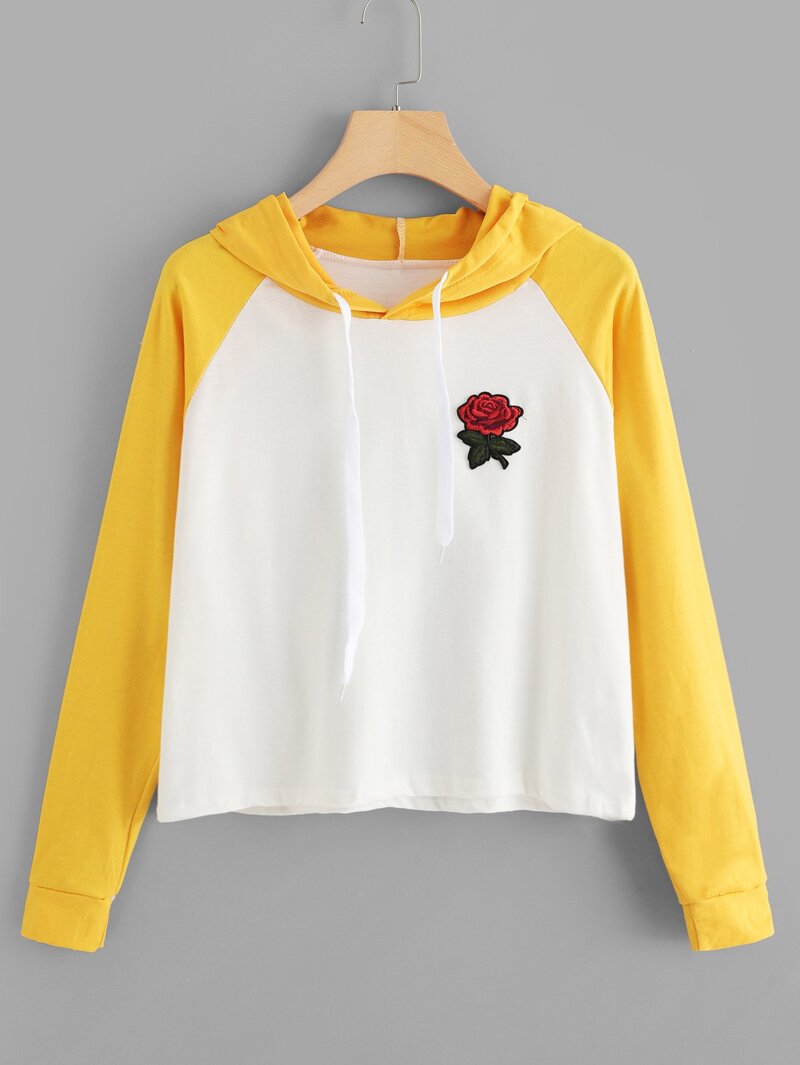 

Rose Embroidery Raglan Sleeve Hoodie, White