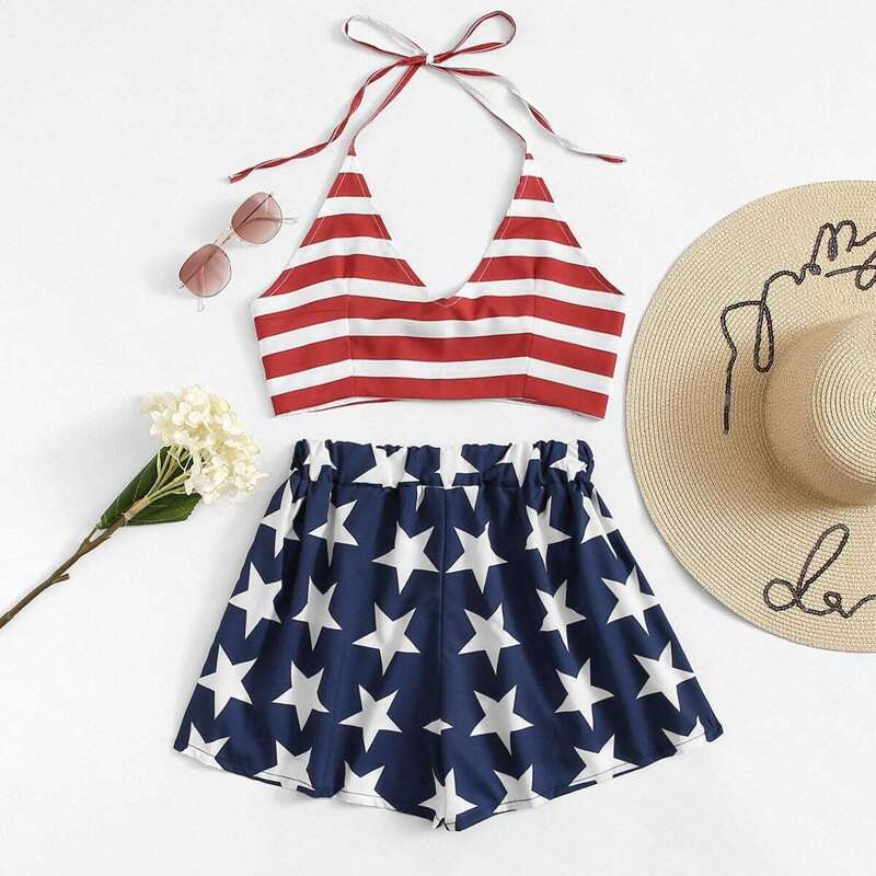 

Knot Back Striped Halter Top With Shorts, Multicolor