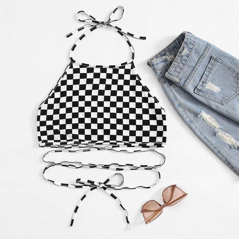 

Open Back Gingham Knot Halter Top, Black and white